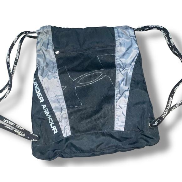 Under Armour UA Drawstring Sackpack Cinch Bag Black Gym Hike Backpack Pocket - Picture 2 of 12
